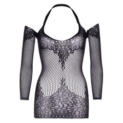 LEG AVENUE - TWIST HALTER LACE MINI DRESS ONE SIZE