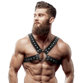 FETISH SUBMISSIVE ATTITUDE - MEN'S ECO LEATHER CROSS-OVER CHEST HARNESS WITH STUDS