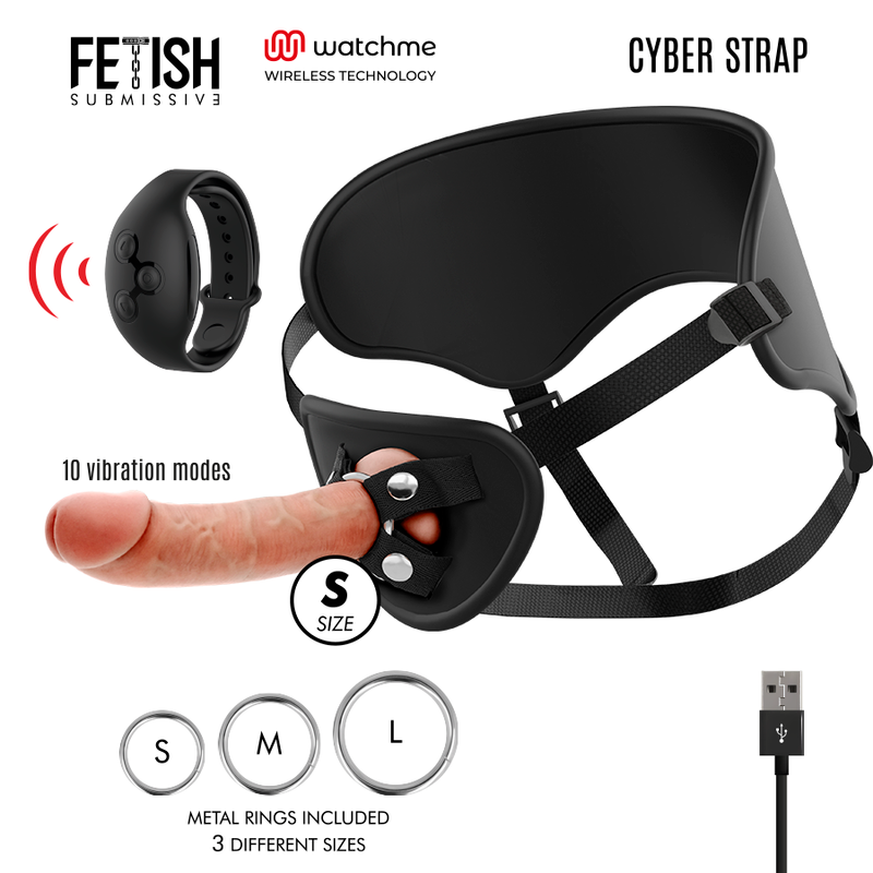 FETISH SUBMISSIVE CYBER STRAP - HARNESS WITH REMOTE CONTROL DILDO WATCHME S TECHNOLOGY