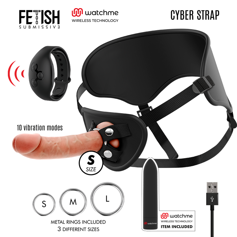 FETISH SUBMISSIVE CYBER STRAP - ARNÉS CON DILDO Y CONTROL REMOTO BULLET WATCHME S TECHNOLOGY