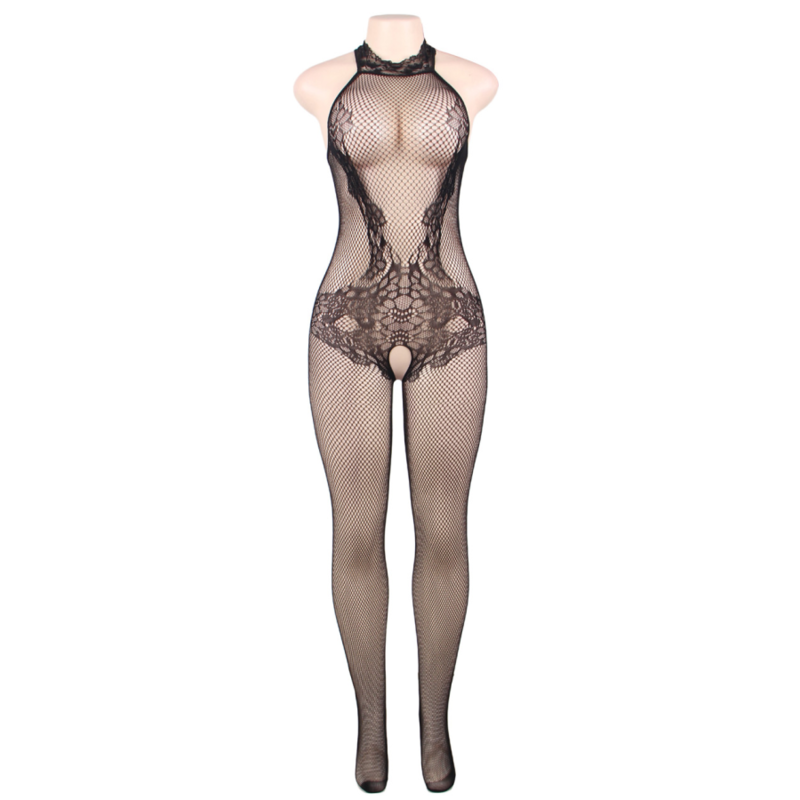 QUEEN LINGERIE - BODYSTOCKING CON APERTURA Y ENCAJE FLORAL S/L