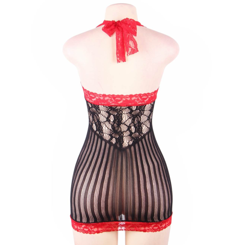 QUEEN LINGERIE - BLACK AND RED CROCHET CHEMISE S/L