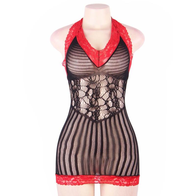 QUEEN LINGERIE - BLACK AND RED CROCHET CHEMISE S/L