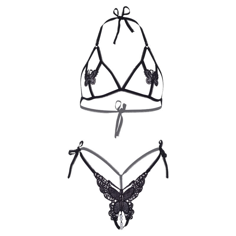 LEG AVENUE - BUTTERFLIES &amp; PEARLS TWO PIECE BRA &amp; PANTY SET ONE SIZE - BLACK