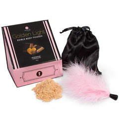SECRETPLAY - KIT LUZ DORADA POLVO COMESTIBLE Y PLUMA DE CHOCOLATE AFRODISÍACO