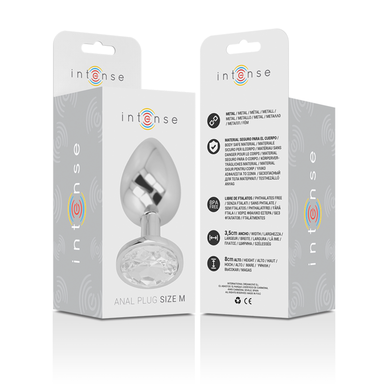 INTENSE - PLUG ANAL DE METAL DE ALUMINIO CON CRISTAL PLATA TAMAÑO M