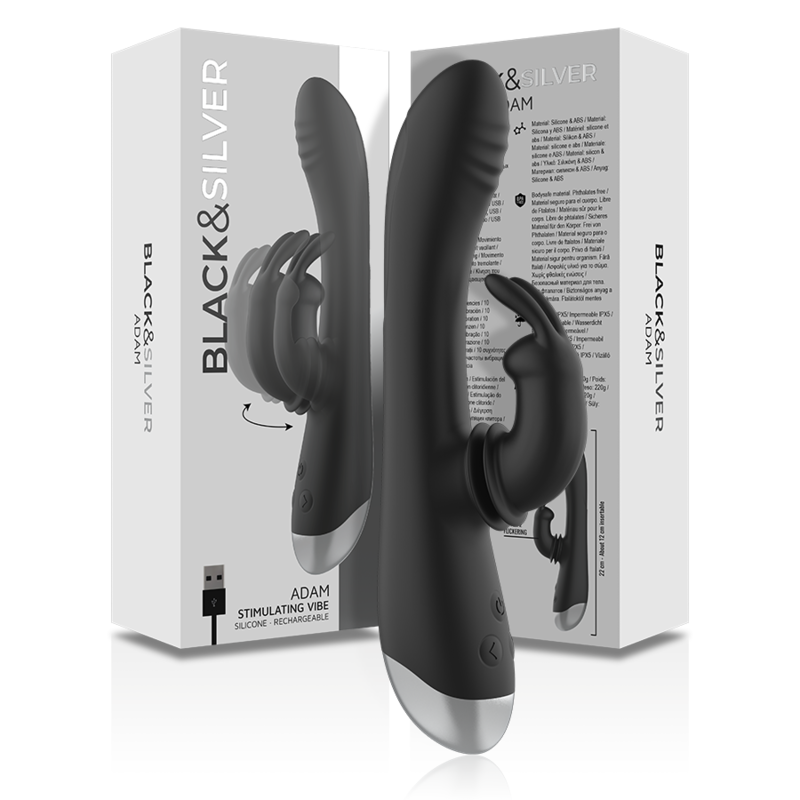 BLACK&SILVER - DJ. STIMULATEUR DE LAPIN RECHARGEABLE EN SILICONE ADAM NOIR