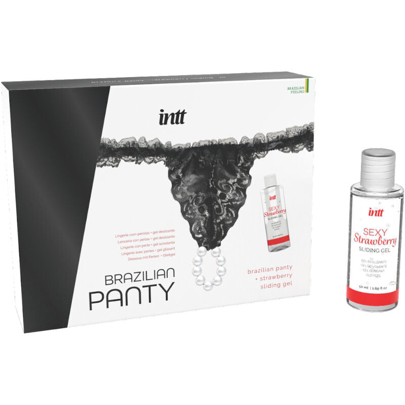 INTT RELEASES - CULOTTE BRÉSILIENNE NOIRE AVEC PERLES ET GEL LUBRIFIANT 50 ML