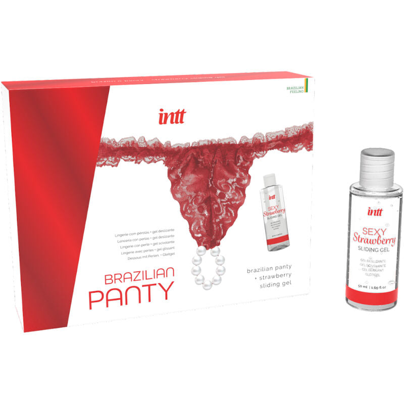 INTT RELEASES - CULOTTE ROUGE BRÉSILIENNE AVEC PERLES ET GEL LUBRIFIANT 50 ML