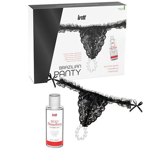 INTT RELEASES - BLACK BRAZILIAN PANTIES WITH PEARLS AND LUBRICATING GEL 50 ML