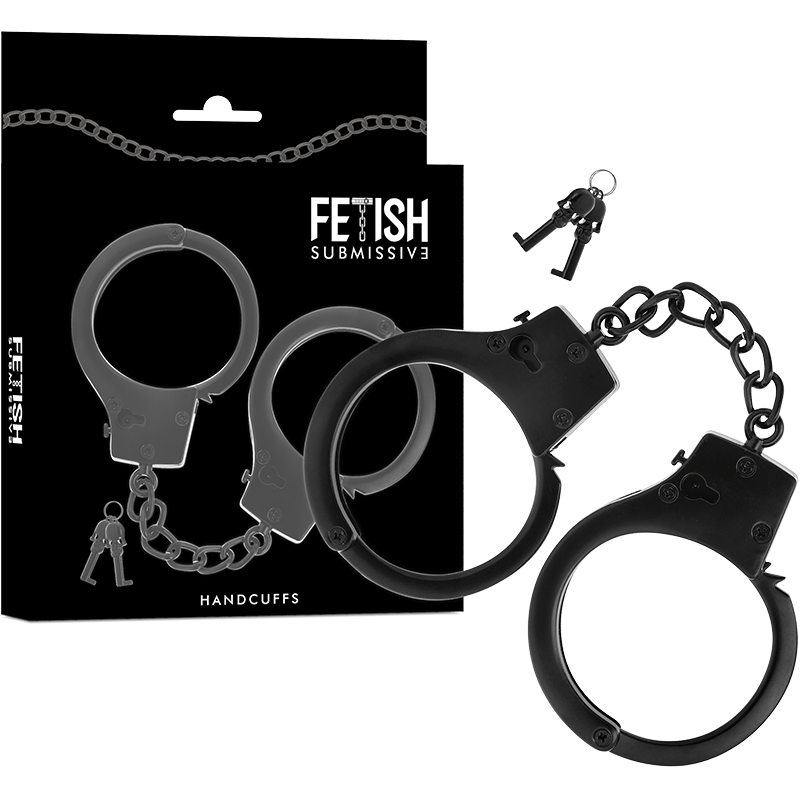 FETISH SUBMISSIVE - ESPOSAS DE METAL PARA MANOS NEGRAS CON LLAVE DE CALAVERA