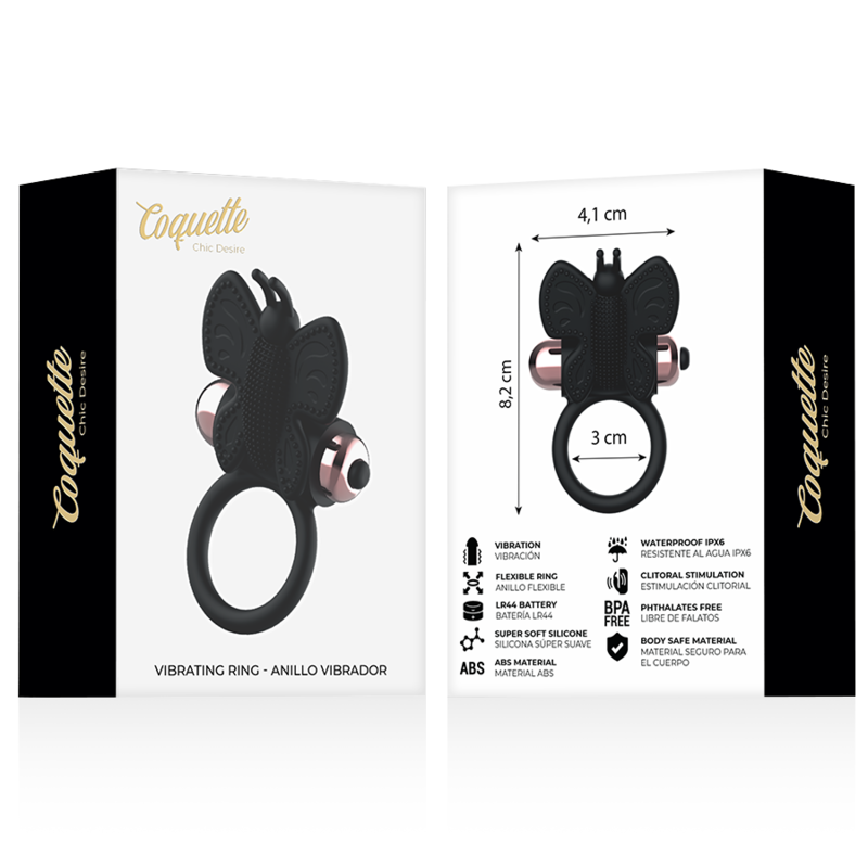 COQUETTE CHIC DESIRE - COCKRING PAPILLON AVEC VIBRATEUR NOIR/ OR