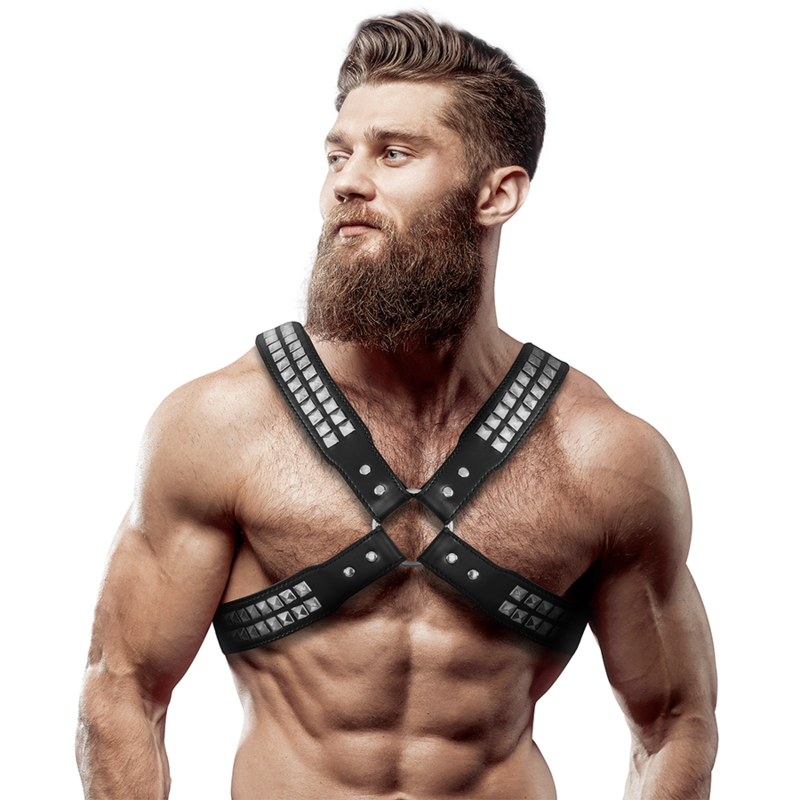 FETISH SUBMISSIVE ATTITUDE - MEN'S ECO LEATHER CROSSED CHEST HARNESS WITH RIVETS