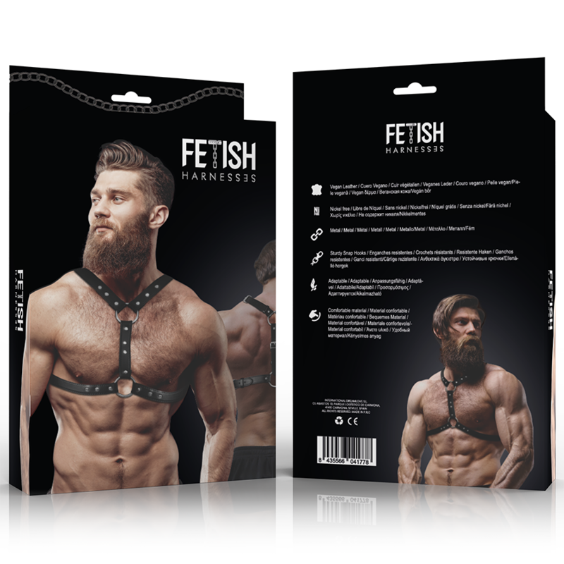 FETISH SUBMISSIVE ATTITUDE - HARNAIS POITRINE EN CUIR ÉCOLOGIQUE AVEC DOUBLE SUPPORT ET CLOUS POUR HOMMES