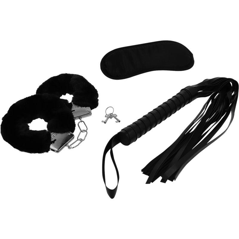 INTENSE - EROTIC FETISH PLAYSET 1 WITH HANDCUFFS, BLIND MASK AND FLOGGER