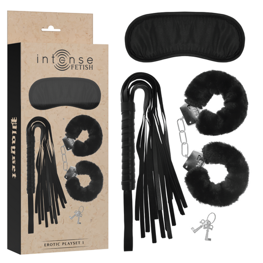 INTENSE - EROTIC FETISH PLAYSET 1 WITH HANDCUFFS, BLIND MASK AND FLOGGER