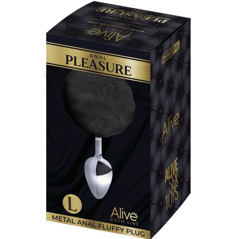 ALIVE - PLUG DE PLACER ANAL LISO METALICO NEGRO FLUFFY TALLA L