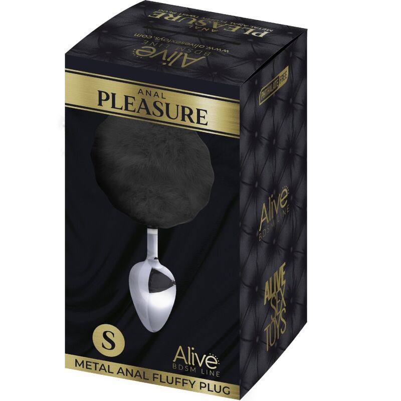 ALIVE - PLUG DE PLAISIR ANAL LISSE MÉTAL FLUFFY NOIR TAILLE S