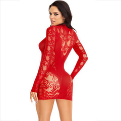 LEG AVENUE - VESTIDO MINI DE MANGA LARGA Y ENCAJE ROJO