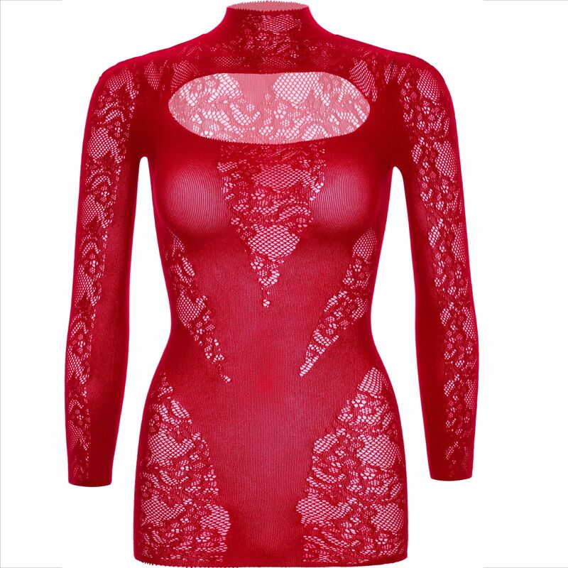 LEG AVENUE - VESTIDO MINI DE MANGA LARGA Y ENCAJE ROJO