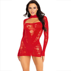 LEG AVENUE - VESTIDO MINI DE MANGA LARGA Y ENCAJE ROJO