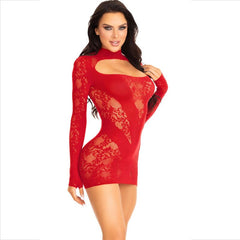 LEG AVENUE - VESTIDO MINI DE MANGA LARGA Y ENCAJE ROJO