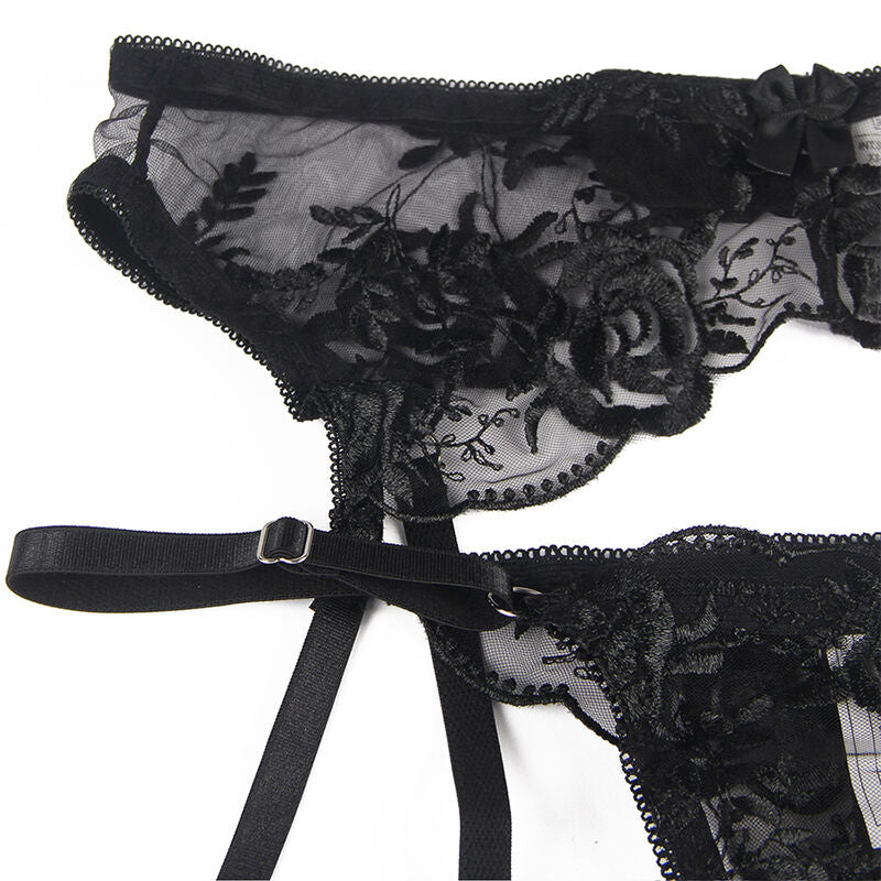 SUBBLIME - ENSEMBLE 3 PIÈCES SOUTIEN-GORGE + STRING + JARRETIÈRE IMPRIMÉ FLORAL NOIR S/M