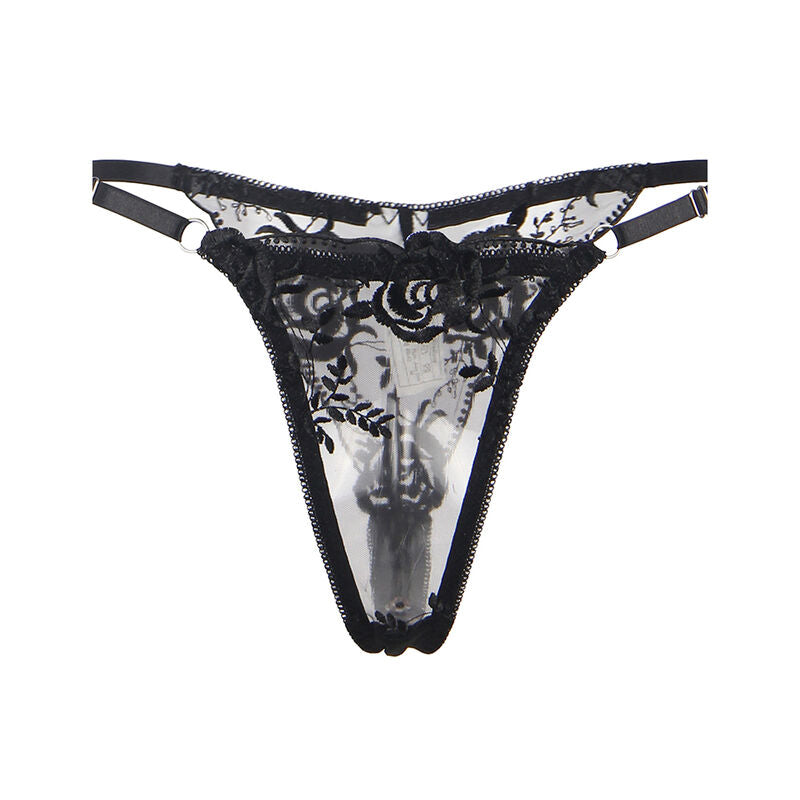 SUBBLIME - ENSEMBLE 3 PIÈCES SOUTIEN-GORGE + STRING + JARRETIÈRE IMPRIMÉ FLORAL NOIR S/M