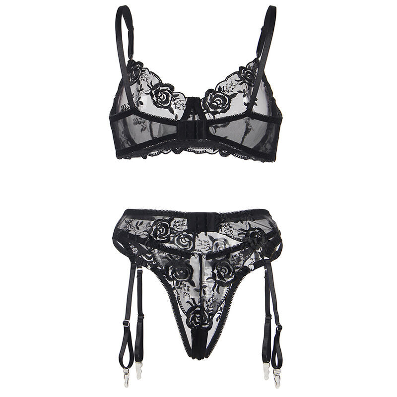 SUBBLIME - ENSEMBLE 3 PIÈCES SOUTIEN-GORGE + STRING + JARRETIÈRE IMPRIMÉ FLORAL NOIR S/M