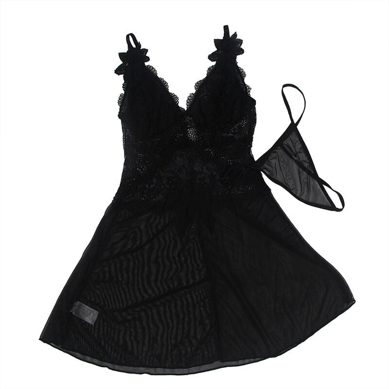 SUBBLIME - BABYDOLL TELA DE TUL CON ENCAJE Y DETALLE DE FLOR NEGRA S/M