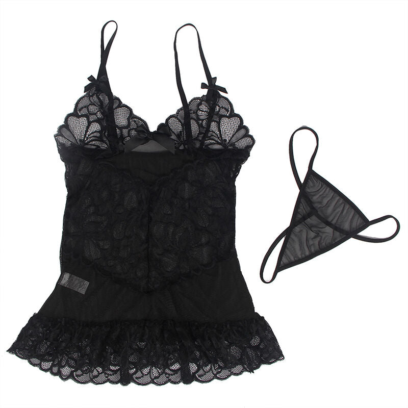 SUBBLIME - BABYDOLL ADJUSTABLE STRAPS AND TRANSPARENT LACE FLORAL PRINT BLACK S/M