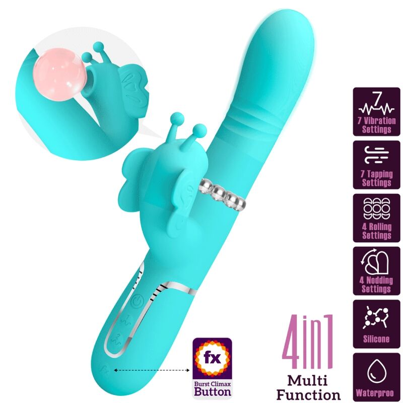 PRETTY LOVE - 4 IN 1 MULTIFUNCTIONAL RABBIT VIBRATOR BUTTERFLY AQUA GREEN