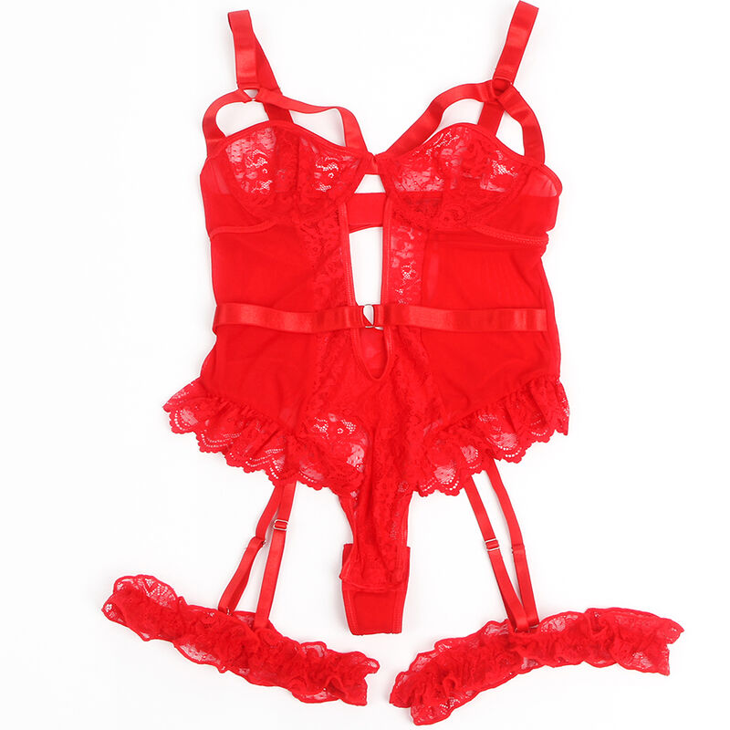 SUBBLIME - TEDDY WITH GARTER WITH LACE DETAIL AND RED STRIPS S/M