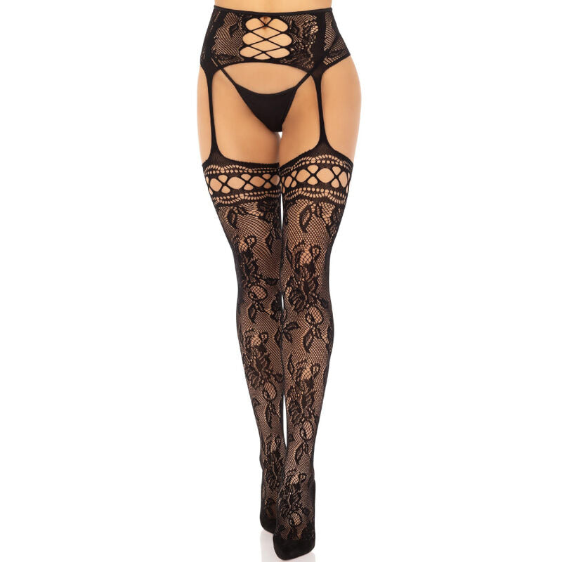 LEG AVENUE - BAS JARRETIÈRE DENTELLE FLORALE NOIR