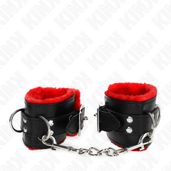 KINK - FUR LINED WRIST RESTRAINTS WITH SQUARE HOLES RED AND BLACK ADJUSTABLE BELT 17-29CM X 6CM