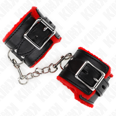 KINK - FUR LINED WRIST RESTRAINTS WITH SQUARE HOLES RED AND BLACK ADJUSTABLE BELT 17-29CM X 6CM