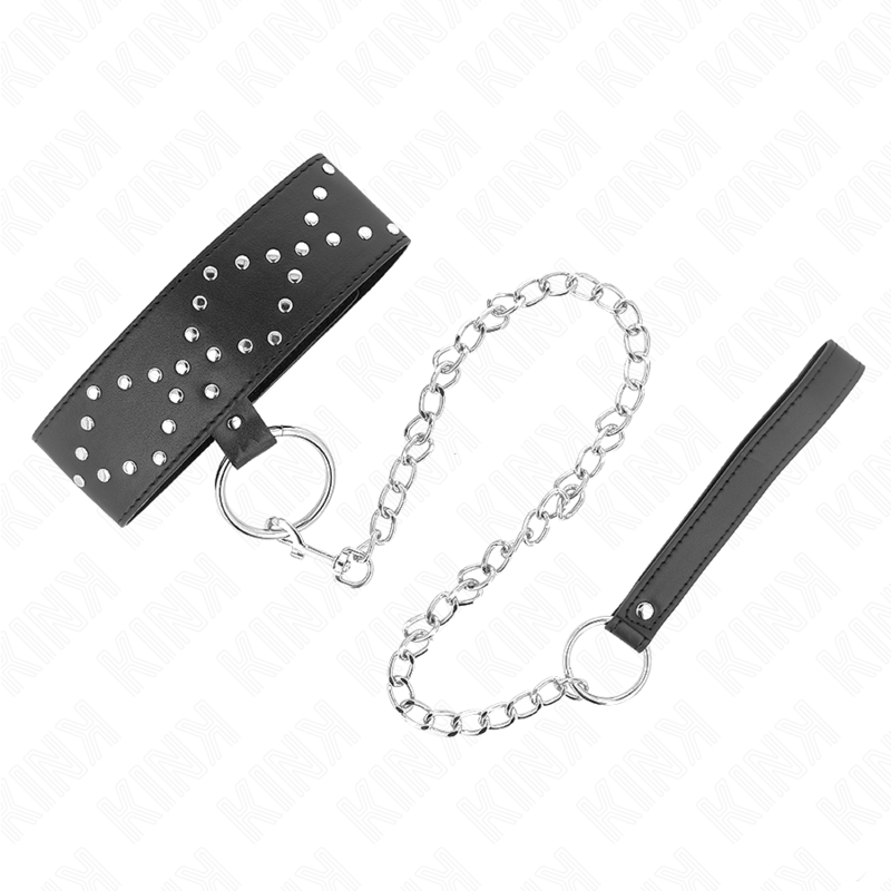 KINK - 65 CM COLLAR WITH LEASH WITH SILVER STUDS MODEL 3 ADJUSTABLE 36-43 CM X 5 CM