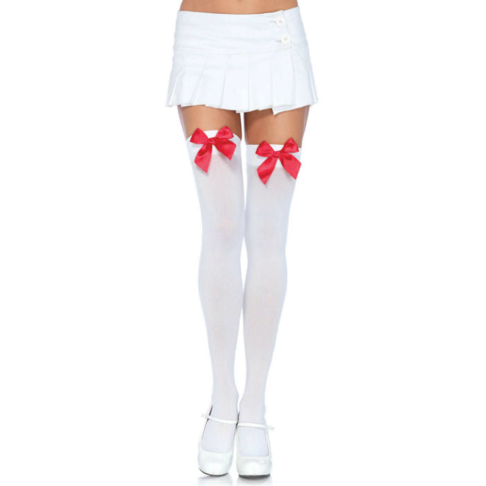 LEG AVENUE - NYLON THIGH HIGHS WITH WHITE/RED BOW