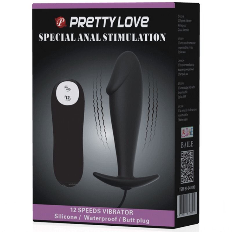 PRETTY LOVE - SILICONE ANAL PLUG IN PENIS SHAPE AND 12 VIBRATION MODES BLACK