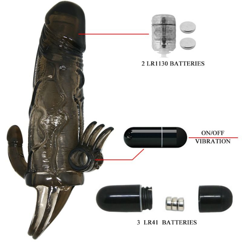 BAILE - BRAVE MAN PENIS COVER WITH CLITO AND ANAL STIMULATION DOUBLE BULLET BLACK 16.5 CM