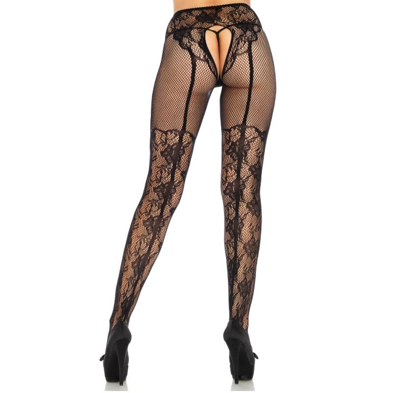 LEG AVENUE - CROTHLESS BACK DESIGN FLORAL STOCKINGS ONE SIZE