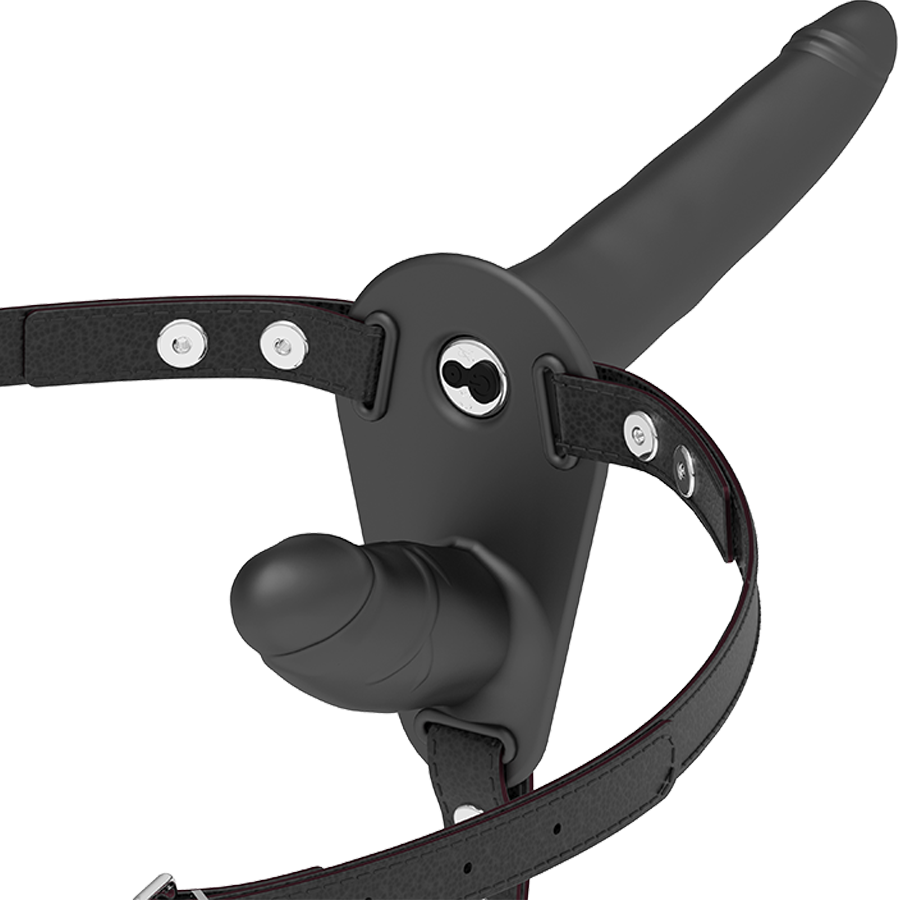 FETISH SUBMISSIVE HARNESS - VIBRATEUR NOIR DOUBLE PÉNÉTRATION