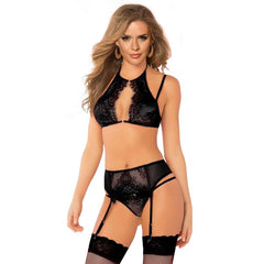 QUEEN LINGERIE - SET SUJETADOR + LIGAS Y TANGA TALLA S/M