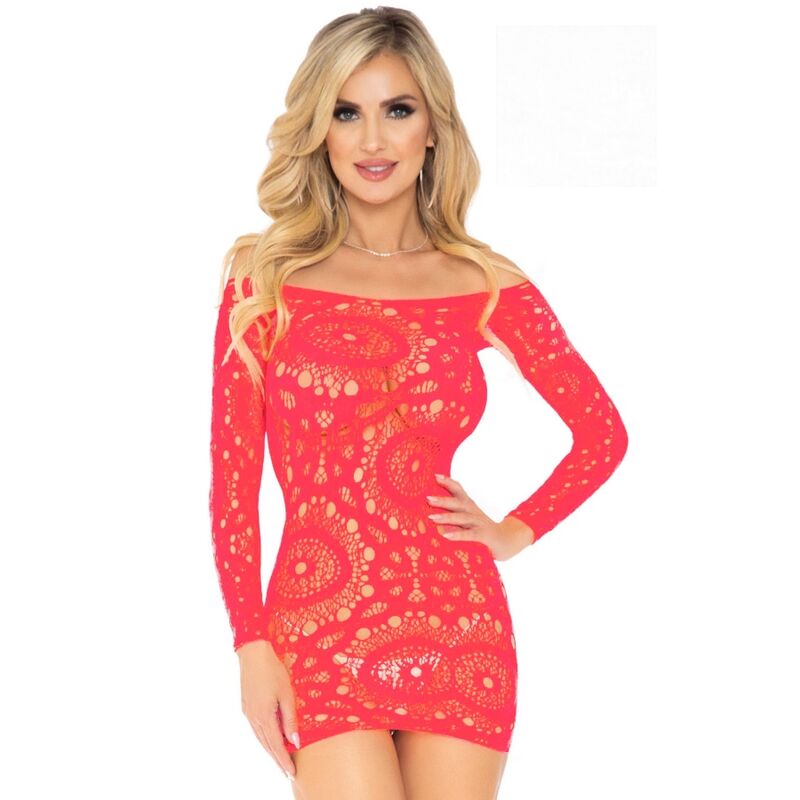 LEG AVENUE - VESTIDO MINI DE ENCAJE A GANCHILLO MANGA LARGA ROJO TALLA ÚNICA