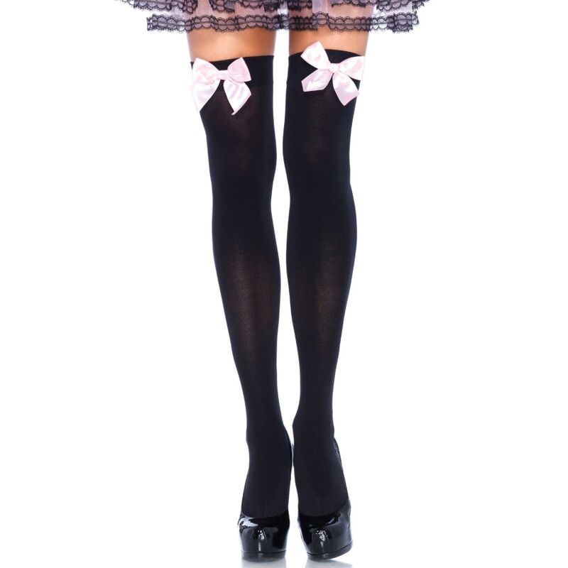 LEG AVENUE - MUSLOS ALTOS DE NYLON NEGRO CON LAZO ROSA TALLA ÚNICA