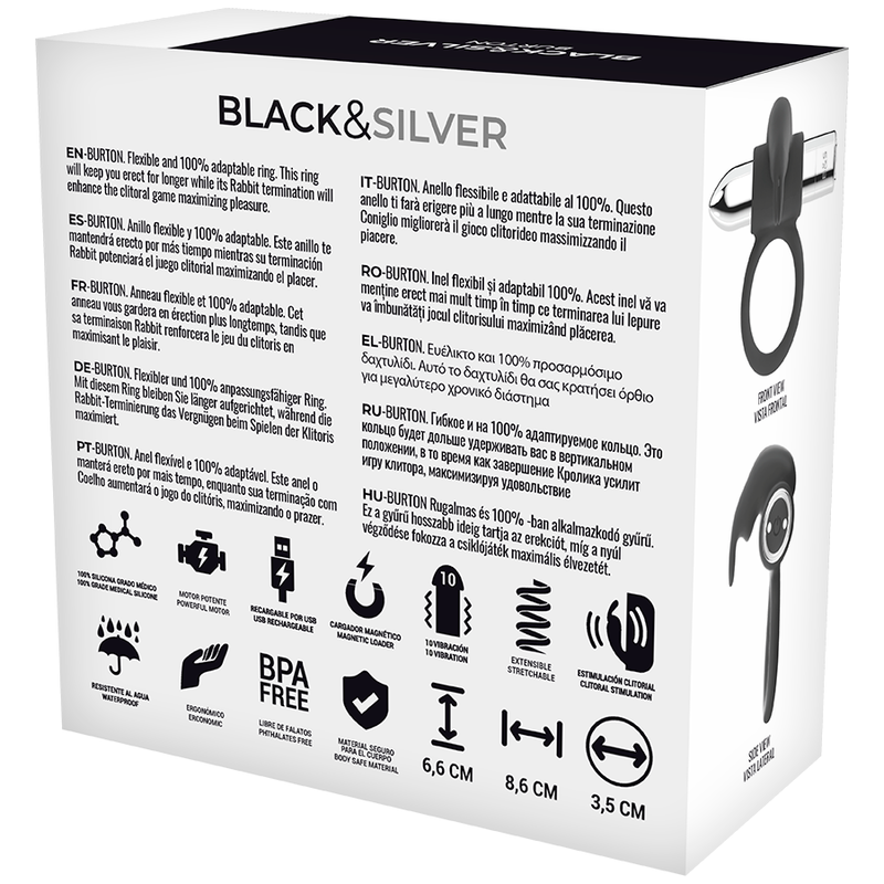 BLACK&amp;SILVER - BURTON RECHARGEABLE RING 10 VIBRATION MODES